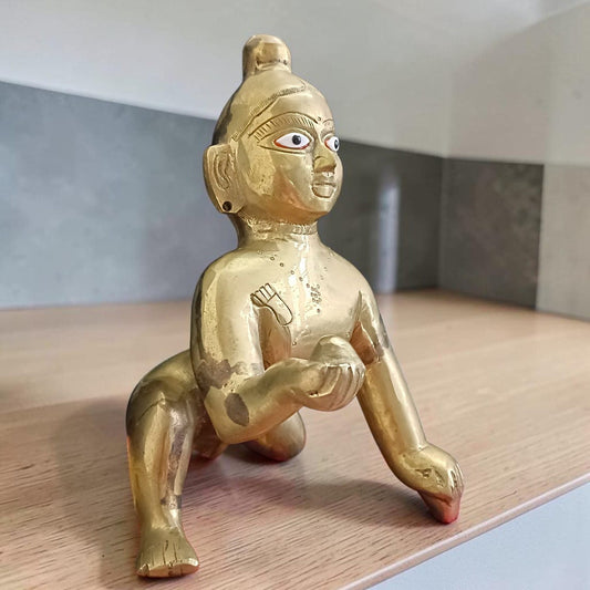 10 Inch Ashtadhatu Brass Laddu Gopal Krishna Idol for Home Temple Daily Puja Spiritual Decor