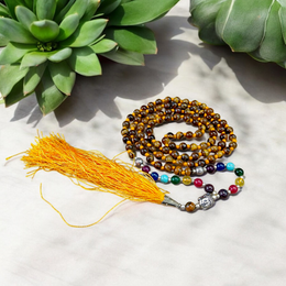 7 Chakra Mala with Tiger Eye, Agate Stones & Buddha Charm – 6MM Beads – Ideal for Meditation, Yoga & Chakra Balancing