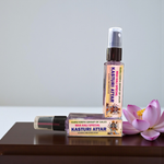 A 25ml bottle of MALAWALA Kasturi Attar, a Maa Kali Special alcohol-free natural fragrance spray for puja, meditation, and spiritual rituals