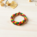 A set of two handmade Resham thread bracelets in vibrant colors, symbolizing good luck, positive energy, and success, displayed on a woman’s wrist