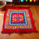 A spiritual combo featuring a 5 Mukhi Rudraksha Mala, a red velvet Pooja Aasan with golden border, and a traditional Gomukhi Japa Bag – all lab certified