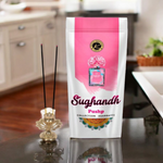 A zipper pouch containing 130 grams of floral incense sticks labeled