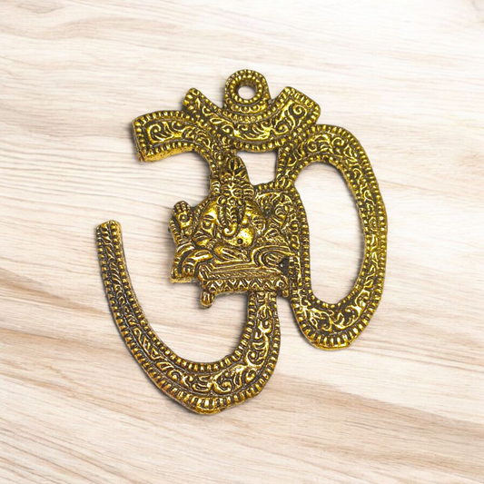 Brass Om Wall Hanging measuring 4x5 inches with intricate Hindu design, ideal for temple, home, or office walls