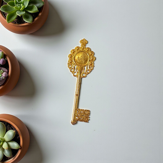 Golden antique-style Kuber Kunji Key with sacred symbols and yantra, used for attracting wealth and financial prosperity at home or office