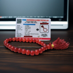Handcrafted Red Hakik Mala made with natural Red Agate beads in 27+1 and 108+1 variants, placed on a wooden surface with lab certificate