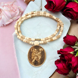 Image of Hanuman Ji Locket strung in Tulsi Mala with natural wood beads, placed on a white background