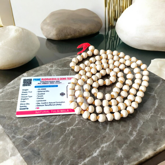 Image showing a combo of Tulsi Mala and Sphatik Mala with traditional guru beads, neatly arranged on a spiritual cloth background