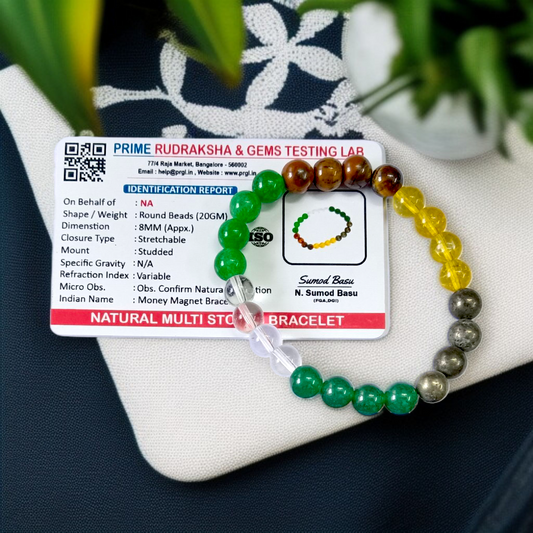 Lab certified Money Magnet Bracelet made with polished 8mm Green Aventurine, Citrine, and Pyrite beads, stretchable design placed on a soft fabric background