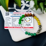 Lab certified Money Magnet Bracelet made with polished 8mm Green Aventurine, Citrine, and Pyrite beads, stretchable design placed on a soft fabric background