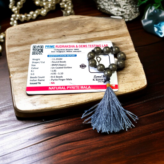 Natural Pyrite Finger Mala with 9+1 lab-certified golden beads, handcrafted for meditation and chanting by MALAWALA
