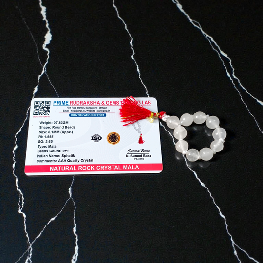 Natural Rock Crystal Finger Mala 9+1 Beads, Sphatik 8mm Beads, AAA Quality Lab Certified