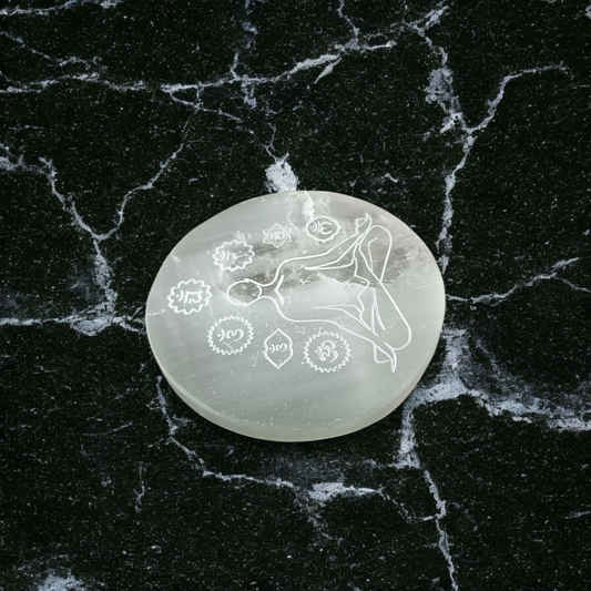 Natural Selenite 7 Chakra Meditation Plate for crystal charging, Reiki healing, and energy balancing