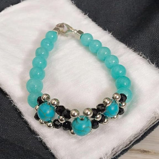 Natural Turquoise and Blue Chalcedony 8MM Certified Bracelet – Dual tone healing stone accessory with a stretchable band