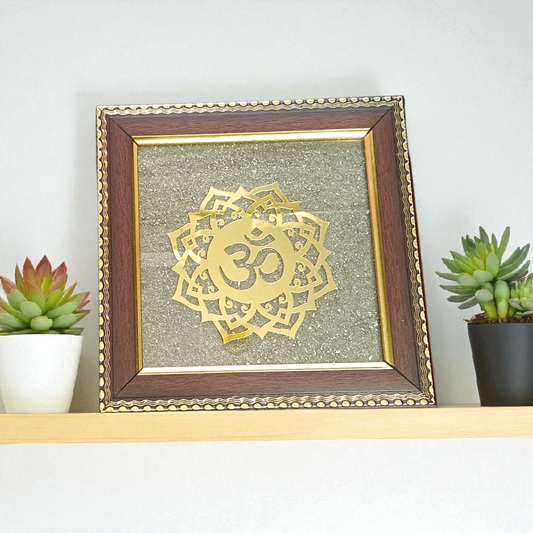 Om Shanti Yantra framed with raw pyrite in a 7x7 inch handcrafted wooden frame, ideal for meditation, pooja, or yoga rooms