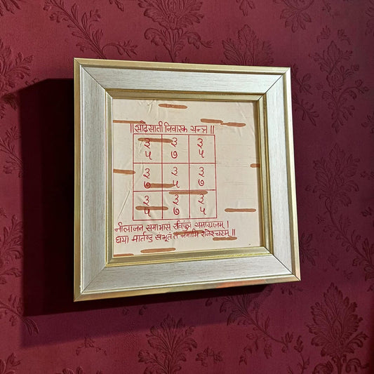 Sadesati Nivarak Yantra Handmade on Bhojpatra with Wooden Frame for Shani Dosh Relief and Spiritual Protection