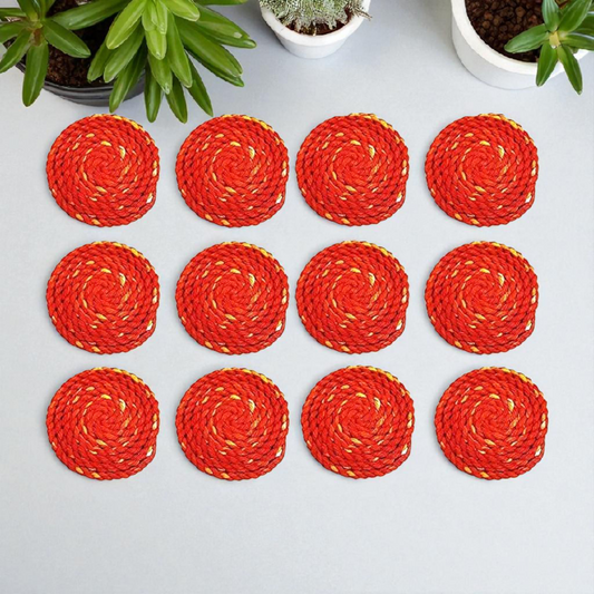 Set of 12 hand-rolled cotton Kalava wicks (Mauli Batti) in red-yellow color, arranged neatly for pooja use