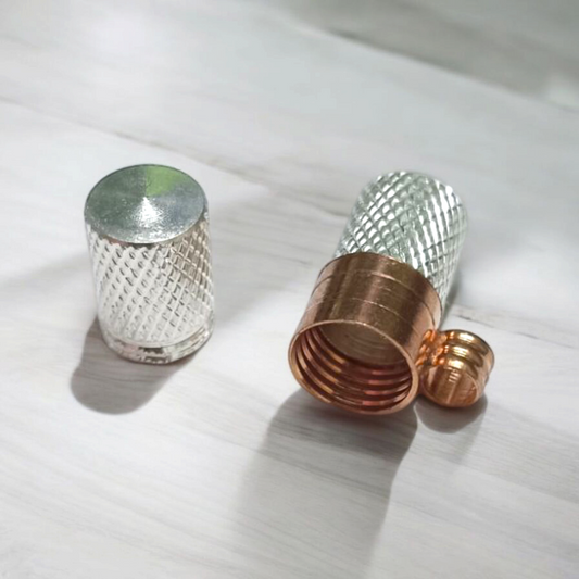 Set of 5 silver and copper taweez with screw-top lids and free Bhojpatra sheets, handcrafted spiritual amulets for protection, healing, and intention