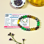 Stretchable 8mm bead Money Magnet Bracelet made of Green Aventurine, Citrine, and Pyrite crystals, lab certified, placed on a neutral background