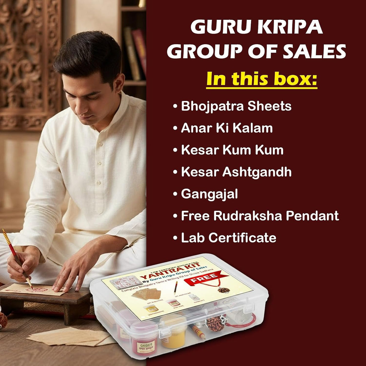 Yantra Writing Kit with Natural Bhojpatra Sheets, Anar Kalam, Kesar Kumkum, Kesar Ashtagandha, Gangajal and Lab-Certified Rudraksha Pendant by Malawala