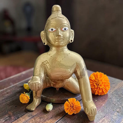 10 Inch Ashtadhatu Brass Laddu Gopal Krishna Idol for Home Temple Daily Puja Spiritual Decor