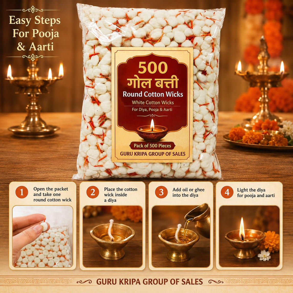 Cotton Wicks Kesar Jyot Batti 500 Pcs | For Pooja, Aarti & Festivals – Malawala