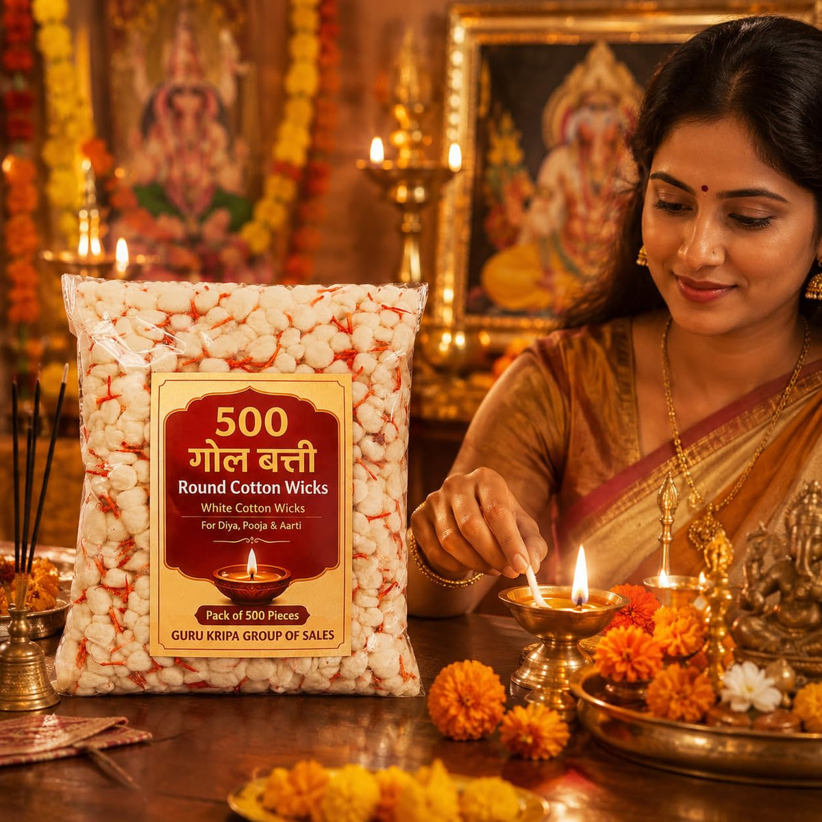 Cotton Wicks Kesar Jyot Batti 500 Pcs | For Pooja, Aarti & Festivals – Malawala