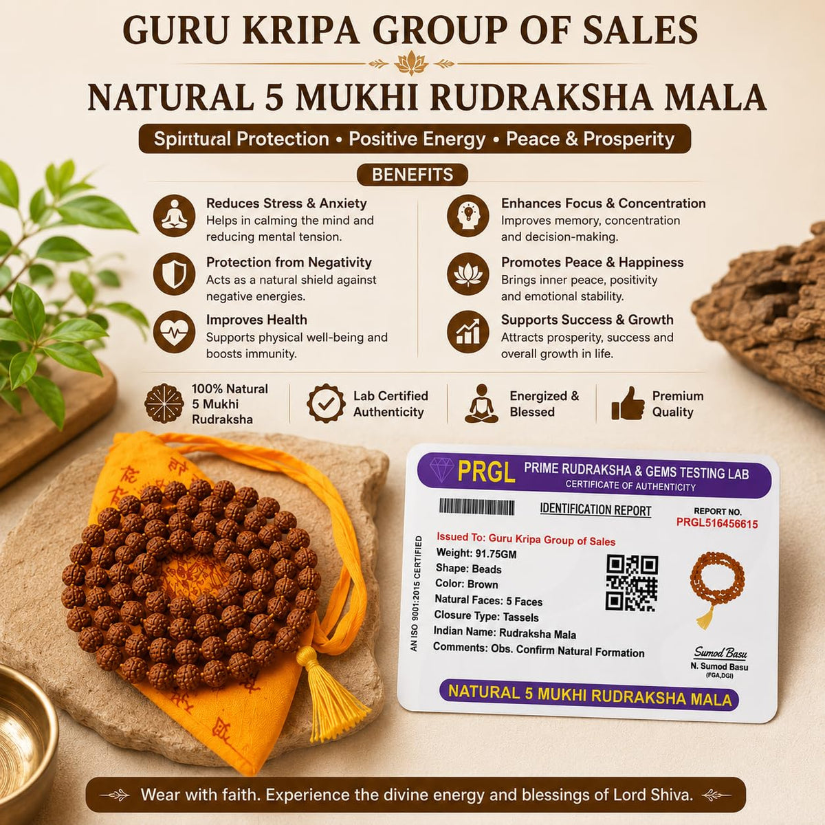 5 Mukhi Rudraksha Mala 108+1 Beads 8MM Lab Certified | Rudraksha Mala with Jaap Bag | Malawala