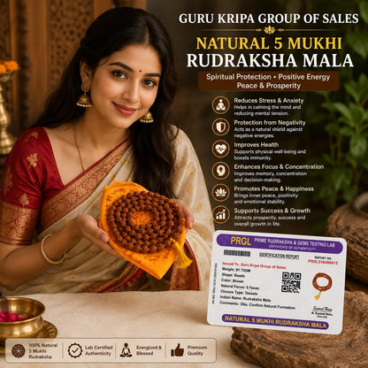 5 Mukhi Rudraksha Mala 108+1 Beads 8MM Lab Certified | Rudraksha Mala with Jaap Bag | Malawala