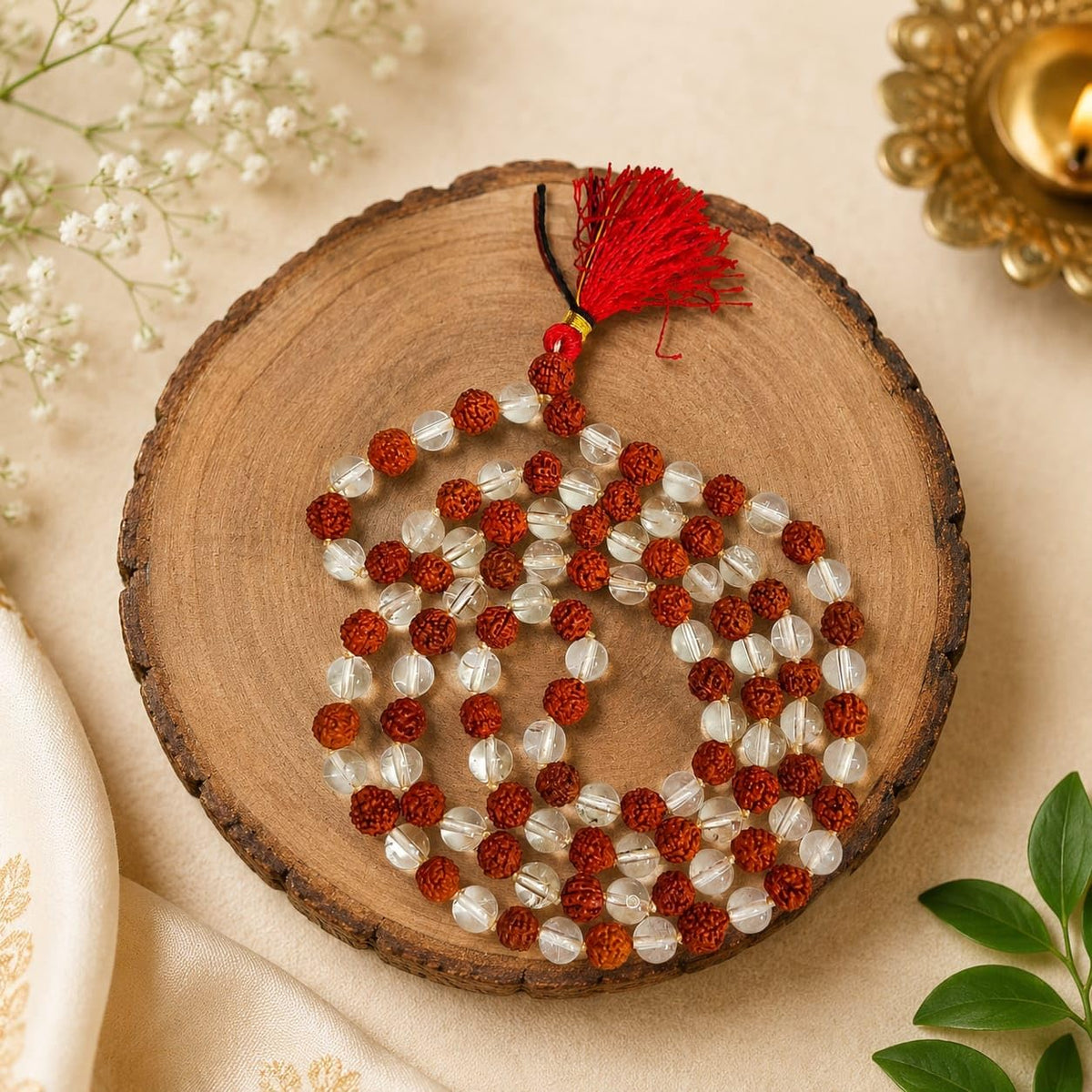 5 Mukhi Rudraksha Sphatik Mala 8MM 108+1 Beads Lab Certified | Malawala