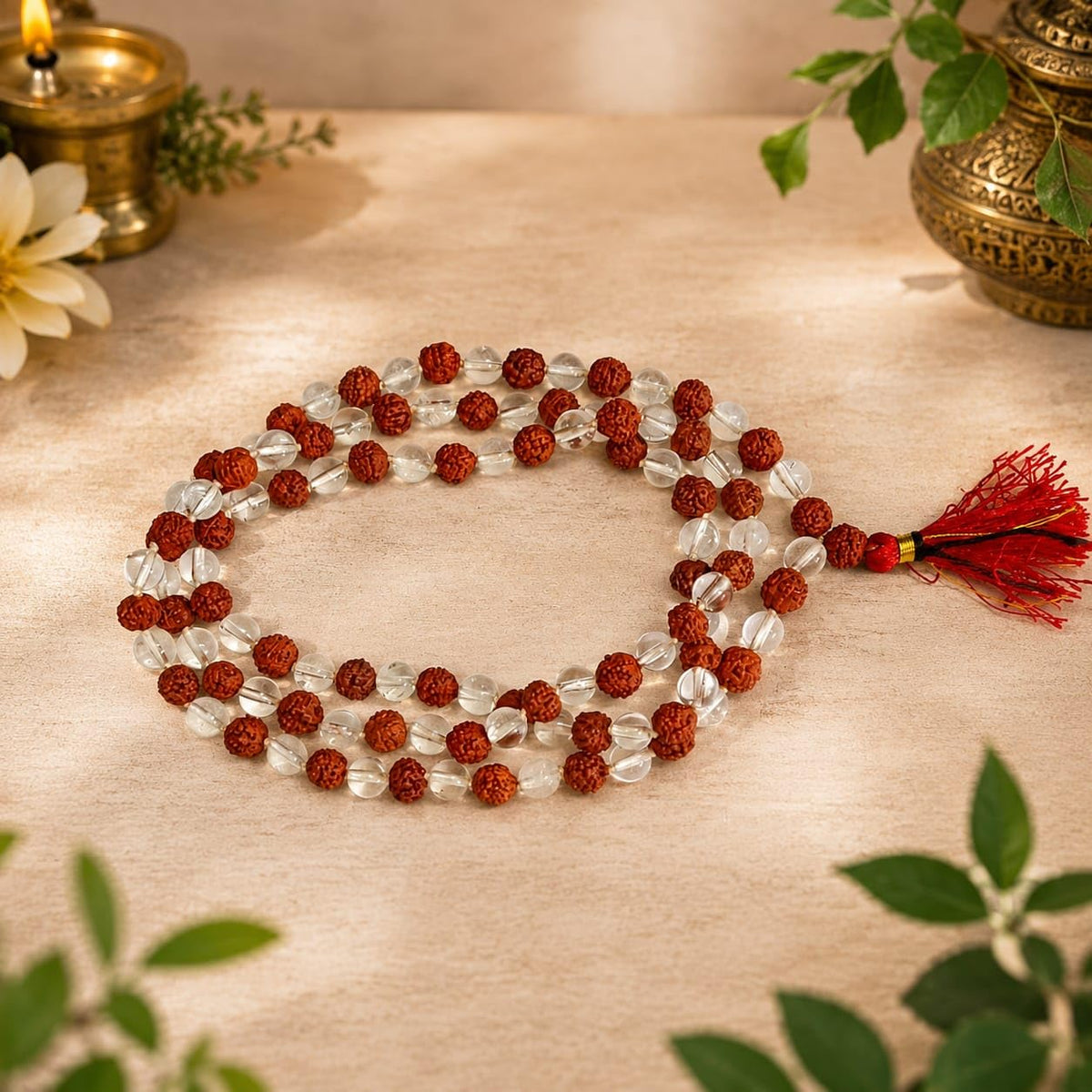 5 Mukhi Rudraksha Sphatik Mala 8MM 108+1 Beads Lab Certified | Malawala