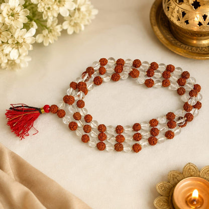 5 Mukhi Rudraksha Sphatik Mala 8MM 108+1 Beads Lab Certified | Malawala