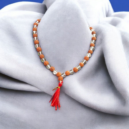 5 Mukhi Rudraksha Sphatik Mala 8MM 108+1 Beads Lab Certified | Malawala