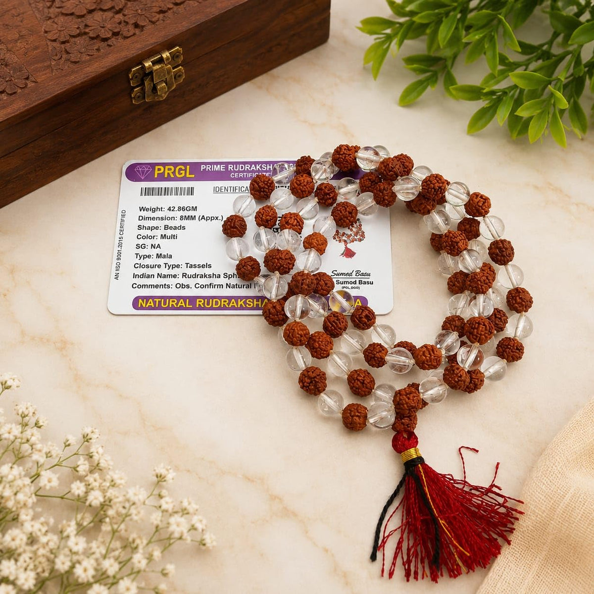 5 Mukhi Rudraksha Sphatik Mala 8MM 108+1 Beads Lab Certified | Malawala