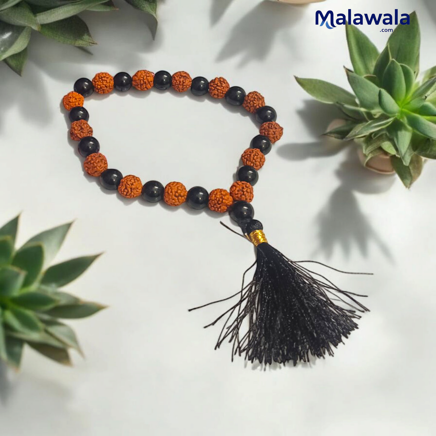 5 Mukhi Rudraksha with Black Hakik Jaap Mala 8MM 27+1 Beads Lab Certified | Malawala