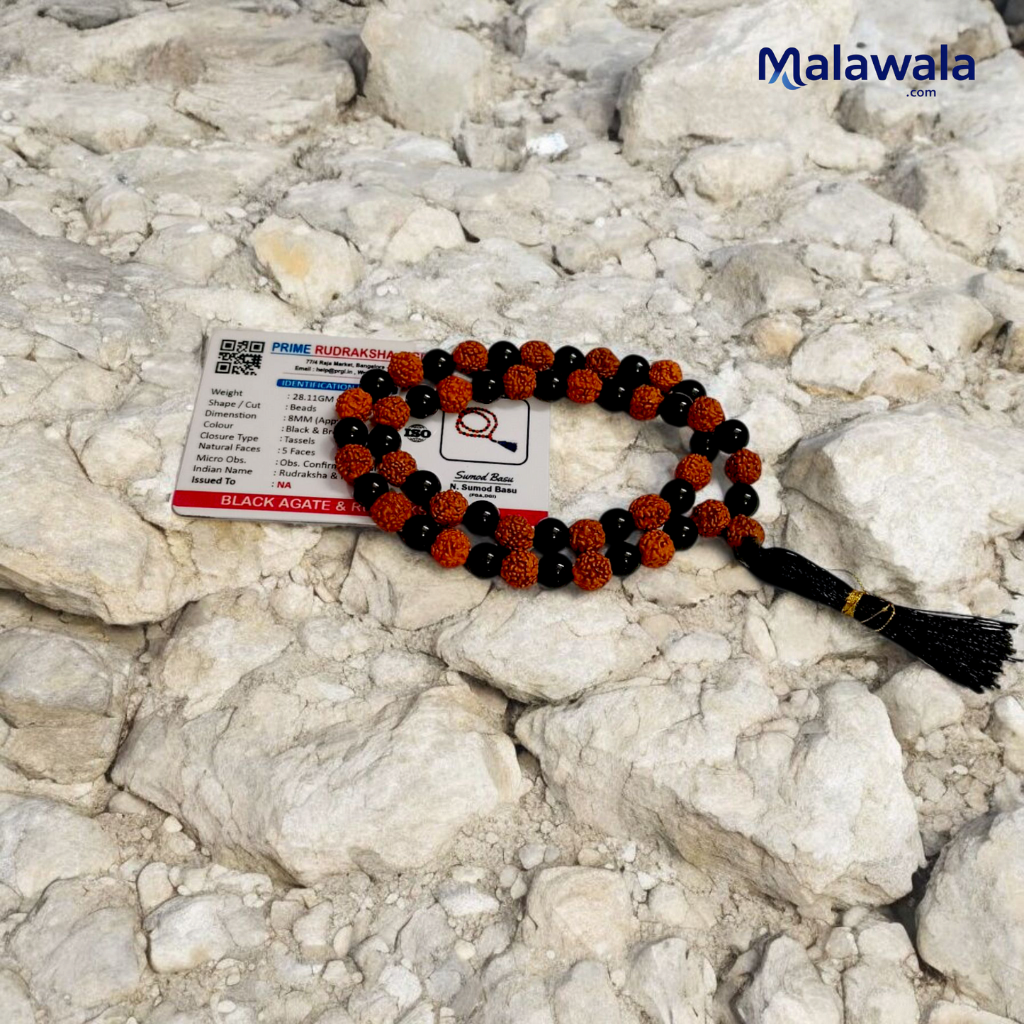 5 Mukhi Rudraksha with Black Hakik Mala 8MM 108+1 Beads Lab Certified | Malawala