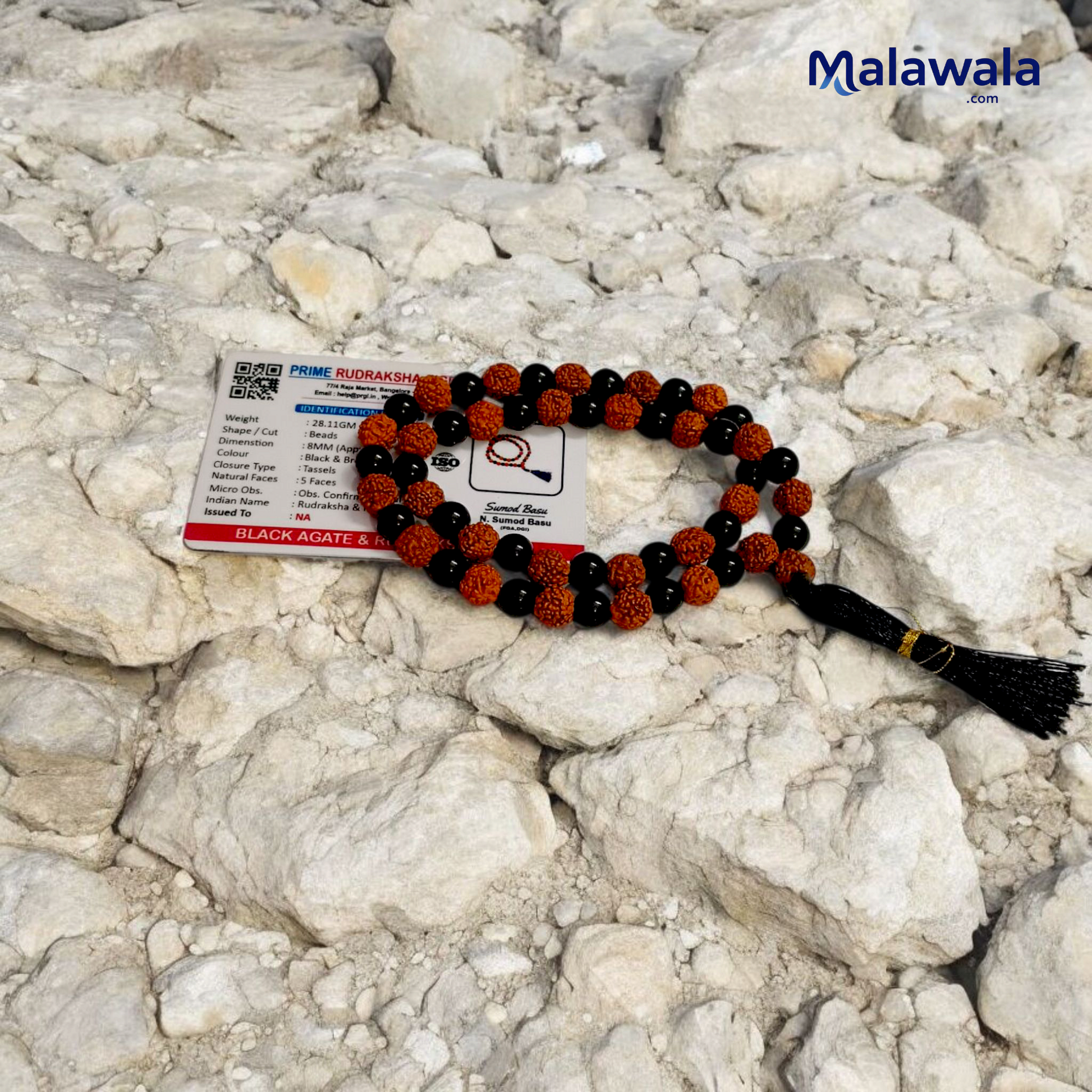 5 Mukhi Rudraksha with Black Hakik Mala 8MM 108+1 Beads Lab Certified | Malawala