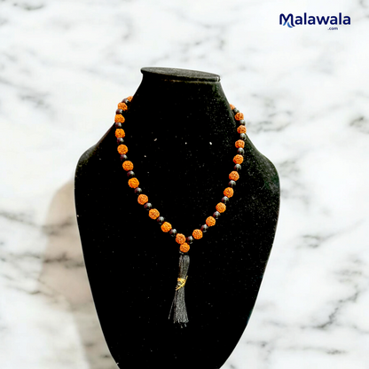 5 Mukhi Rudraksha with Black Hakik Mala 8MM 108+1 Beads Lab Certified | Malawala