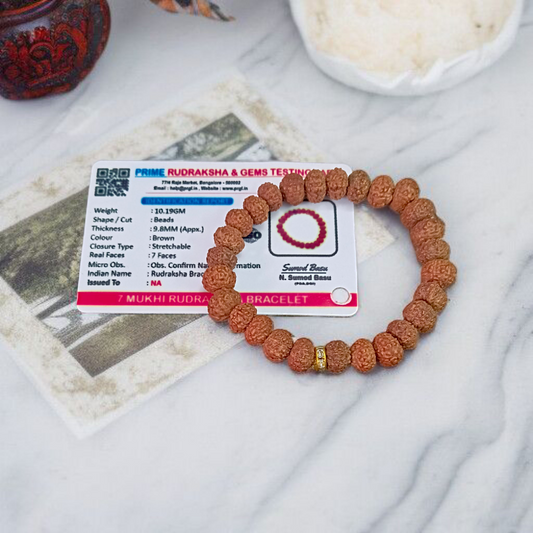 7 Mukhi Rudraksha Bracelet with 9mm beads, hand-strung on stretchable thread and lab certified for authenticity and energy benefits