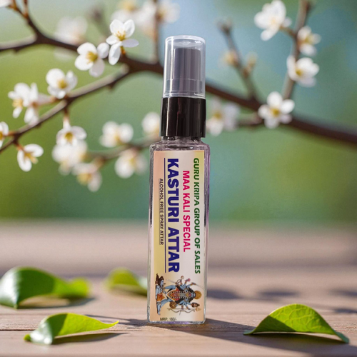 A 25ml bottle of MALAWALA Kasturi Attar, a Maa Kali Special alcohol-free natural fragrance spray for puja, meditation, and spiritual rituals