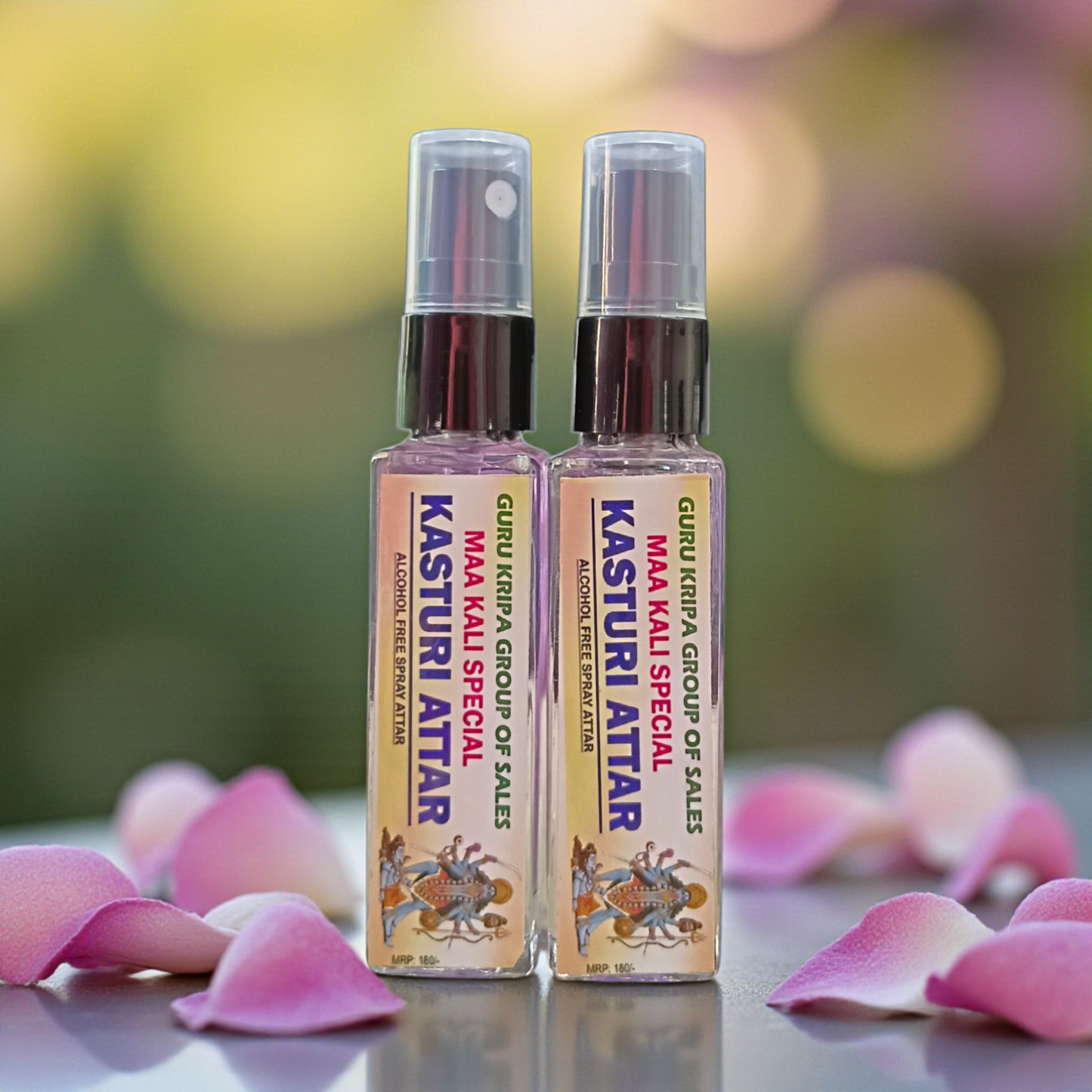 A 25ml bottle of MALAWALA Kasturi Attar, a Maa Kali Special alcohol-free natural fragrance spray for puja, meditation, and spiritual rituals