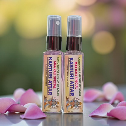 A 25ml bottle of MALAWALA Kasturi Attar, a Maa Kali Special alcohol-free natural fragrance spray for puja, meditation, and spiritual rituals