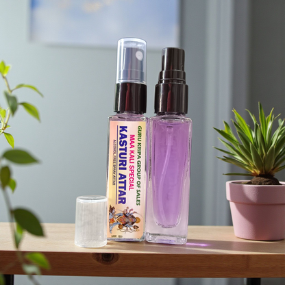 A 25ml bottle of MALAWALA Kasturi Attar, a Maa Kali Special alcohol-free natural fragrance spray for puja, meditation, and spiritual rituals