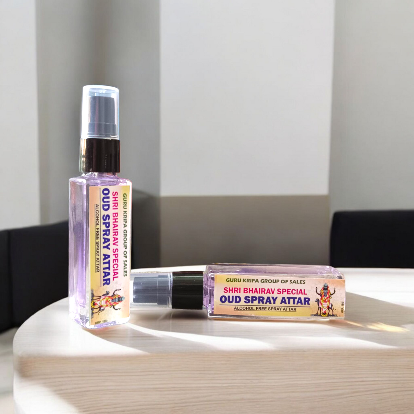 A 25ml bottle of MALAWALA OUD Spray Attar, Shri Bhairav Special alcohol-free natural OUD fragrance for puja, meditation, and daily spiritual use