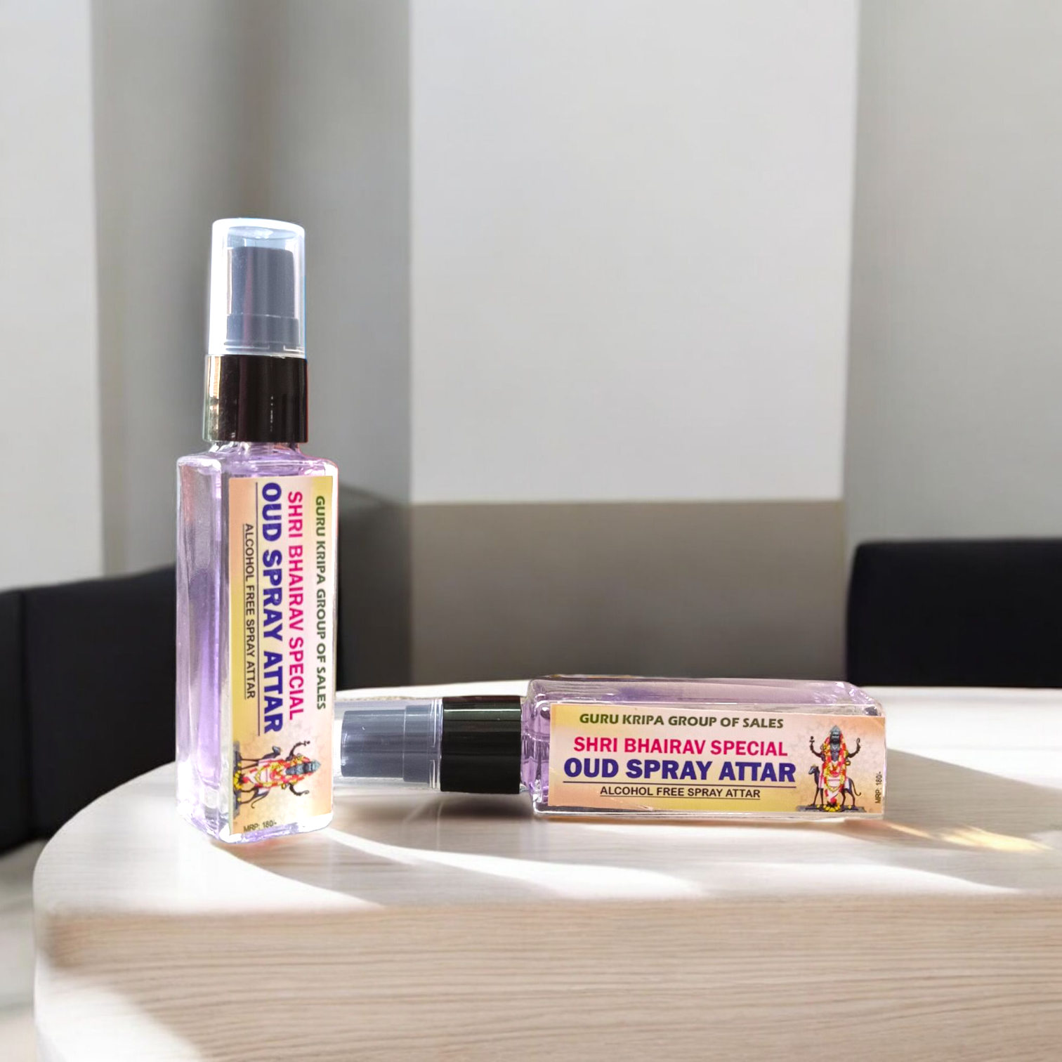 A 25ml bottle of MALAWALA OUD Spray Attar, Shri Bhairav Special alcohol-free natural OUD fragrance for puja, meditation, and daily spiritual use