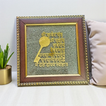 A 7x7 inch wooden frame displaying the Shri Kuber Yantra mounted on raw Pyrite crystal, ideal for Vastu, wealth attraction, and spiritual decor