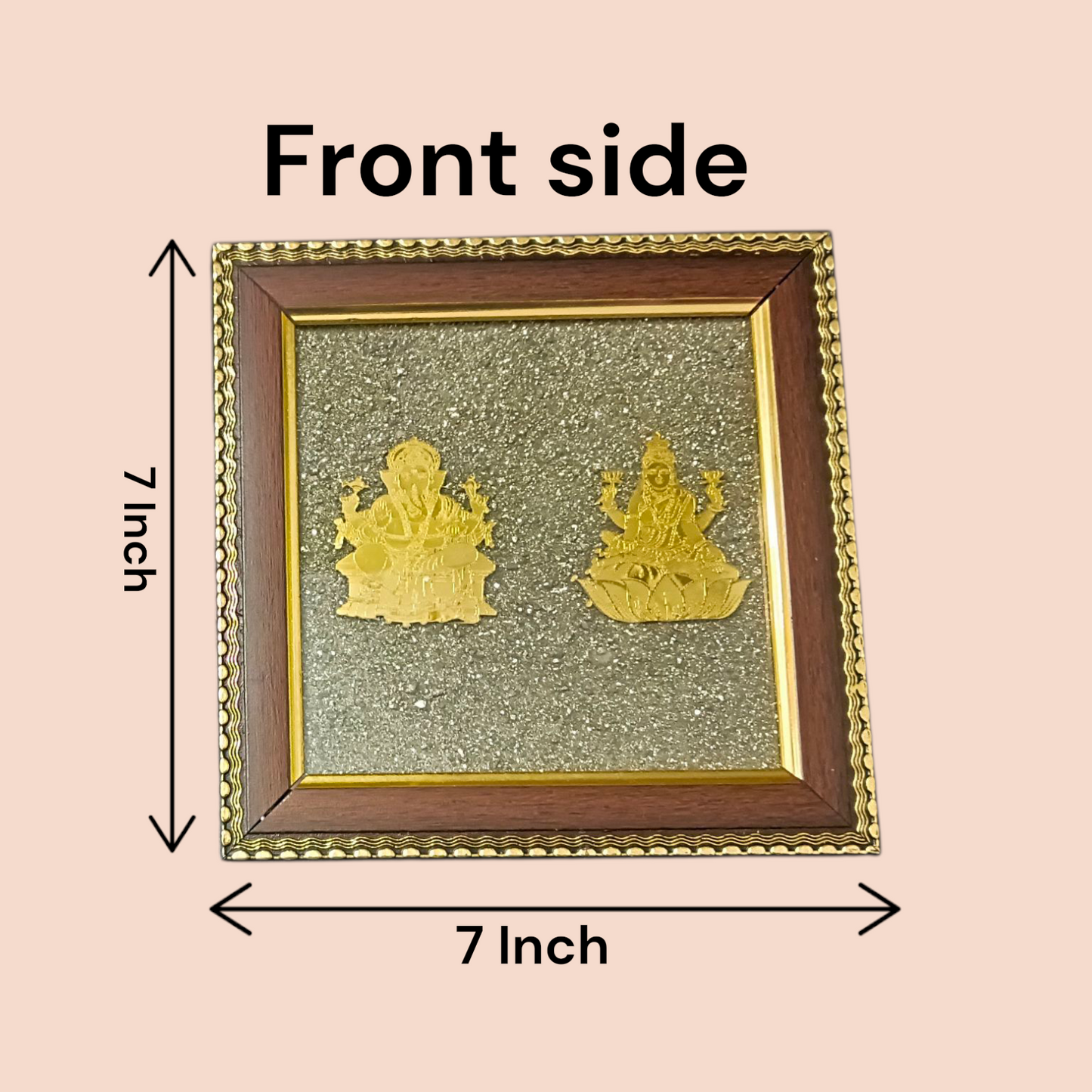A 7x7 inch wooden frame with a divine image of Lakshmi and Ganesha, embedded with raw Pyrite stone, ideal for wealth, success, and Vastu correction