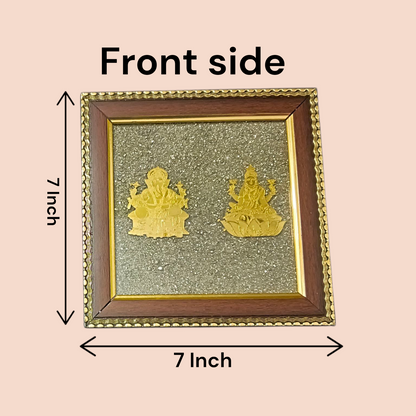 A 7x7 inch wooden frame with a divine image of Lakshmi and Ganesha, embedded with raw Pyrite stone, ideal for wealth, success, and Vastu correction