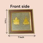 A 7x7 inch wooden frame with a divine image of Lakshmi and Ganesha, embedded with raw Pyrite stone, ideal for wealth, success, and Vastu correction