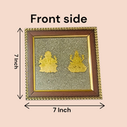 A 7x7 inch wooden frame with a divine image of Lakshmi and Ganesha, embedded with raw Pyrite stone, ideal for wealth, success, and Vastu correction