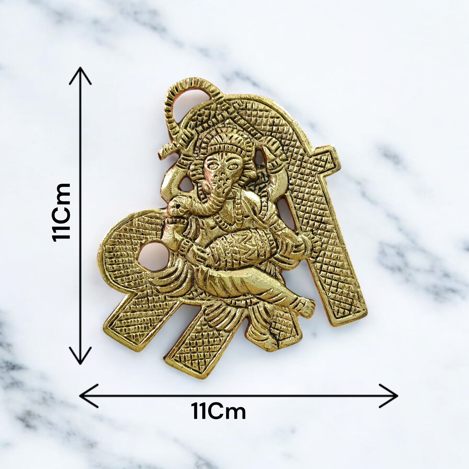 A beautifully crafted brass wall hanging of Lord Ganesha in 11×11 cm size, ideal for temple, home entrance, or office wall décor